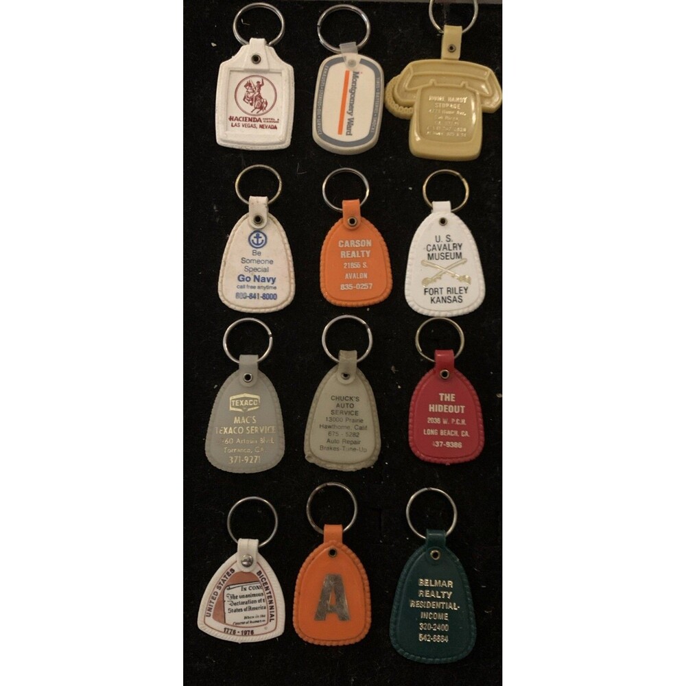 Vintage Lot of 12 Plastic Advertisement Keychains Key Rings Chain Fobs